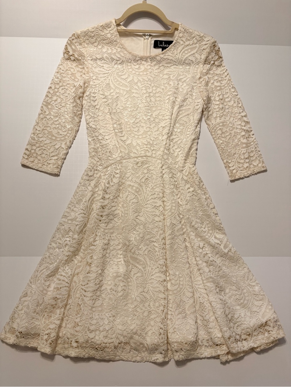 Kacey Montoya’s Closet | Lulu's Ivory Lace Fit-and-Flare Dress with 3/4 Sleeves